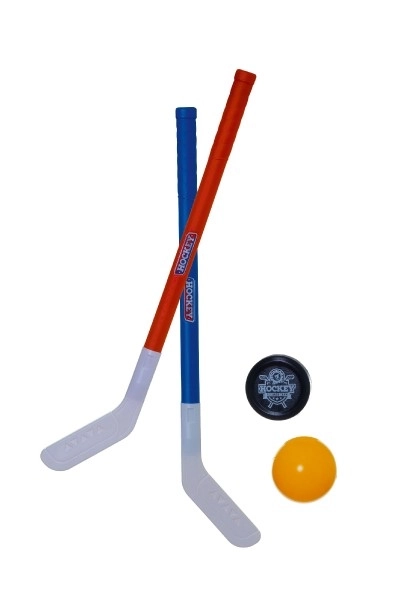 2x plastična hokejska palica 72cm + plastna žoga za hokej + plastični pak v mreži