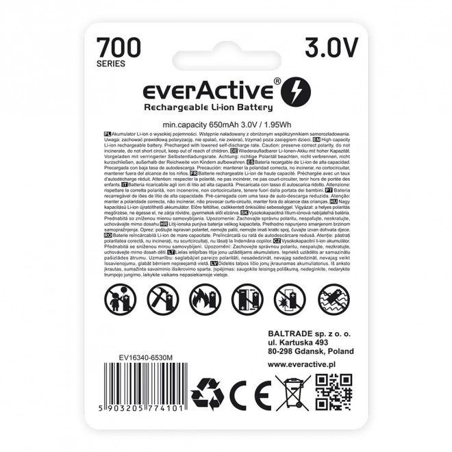 Polnilna baterija EverActive 16340 700 mAh z micro USB