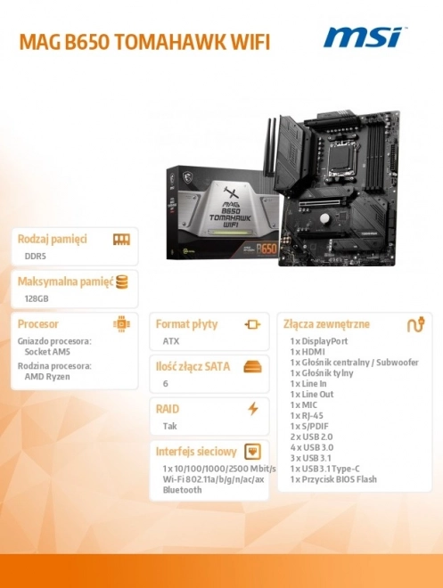 Osnovna plošča MAG B650 Tomahawk WiFi AM5 4DDR5 HDMI/DP ATX