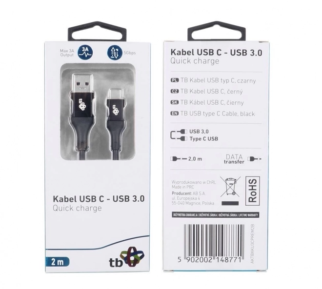 USB kabel USB 3.0 - USB-C 2m Premium 3A črn
