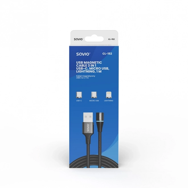 Magnetni USB kabel Savio 3v1 tip C, Micro in Lightning, črn, 1m