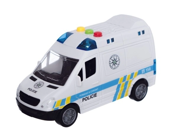 Avto policija kombi plastika 15cm na vztrajnik na baterije z zvokom in lučjo v škatli 19x13x9cm