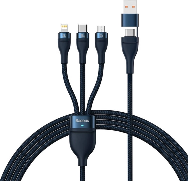 polnilni kabel 3 v 1 Baseus Flash Series, USB‑C + Micro USB + Lightning, 100 W, 1,2 m, moder