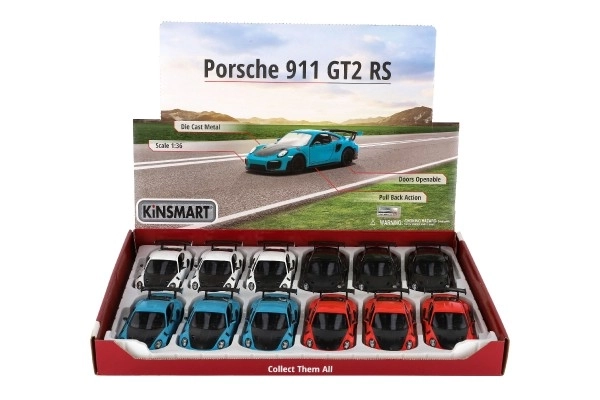 Avto Kinsmart Porsche 911 GT2 RS kov/plast 13 cm 4 barve na vzvratno navijanje 12 kos v škatli