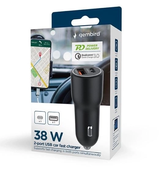 Hitra črna USB-A/USB-C avtopolnilnik 38W PD