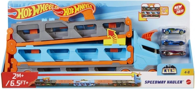 Hot Wheels dirkalni transporter 2v1 s stezo 1,8 m in shranjevalnim prostorom za 20 avtomobilčkov