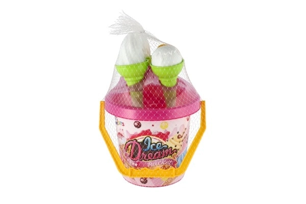 Komplet za pesek plast vedro + modelčki sladoled 2 barvi v mreži 18x28x17cm 12m+