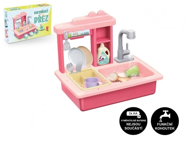 Roza umivalnik za pomivanje posode + plastična pipa na baterije z dodatki v škatli 46x28x12cm