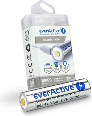 Polnilna baterija 18650 3,7 V Li‑ion 2600 mAh z micro USB EVERACTIVE