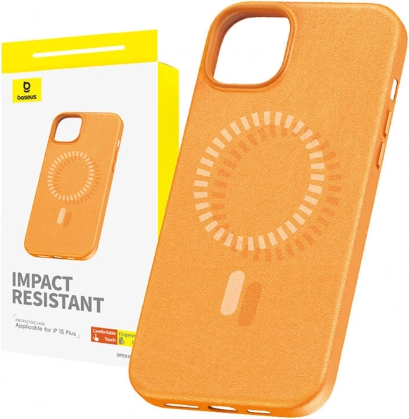 Magnetni ovitek BASEUS Fauxther za iPhone 15 Plus (oranžen)