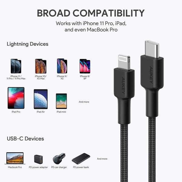 Črn najlonski kabel Lightning-USB C 2m