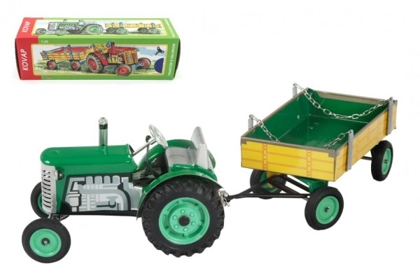 Traktor Zetor s prikolico zelena na ključ kovina 28cm Kovap v škatli