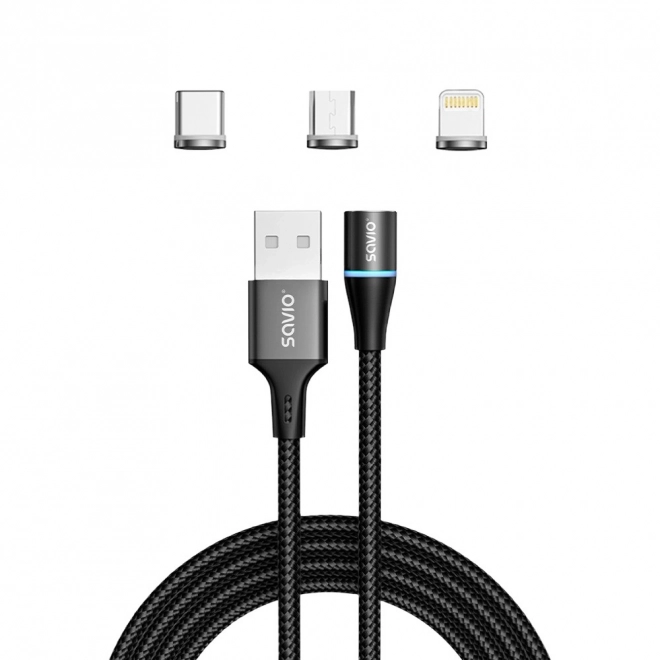 Magnetni USB kabel Savio 3v1 tip C, Micro in Lightning, črn, 1m