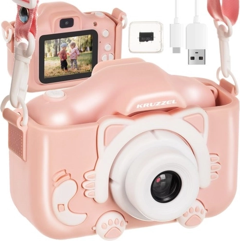 Otroški digitalni fotoaparat KRUZZEL s Full HD, selfie funkcijo in igrami – Rožnata