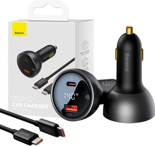 Avtopolnilnik Baseus Superme z zaslonom, USB‑C + USB, 140 W, črn