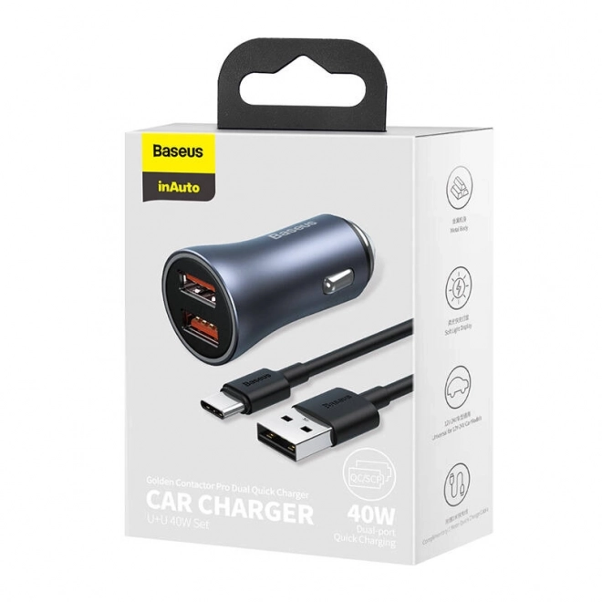 Polnilec za avto Baseus z dvojnim USB in kablom USB-C