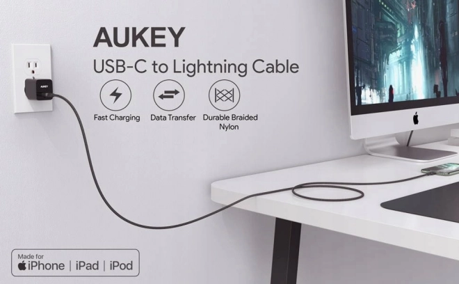 Črn najlonski kabel Lightning-USB C 2m