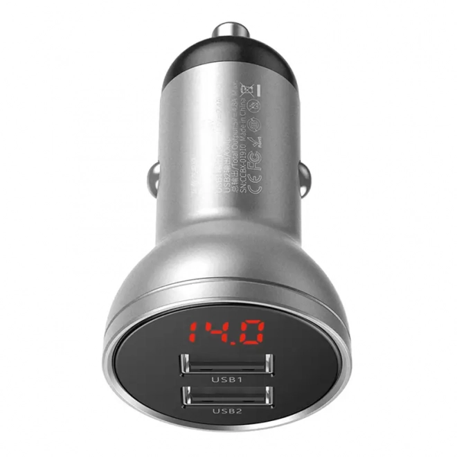 Baseus avtomobilski polnilec z 2 USB vrati in LED zaslonom