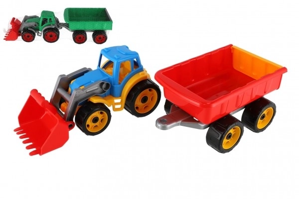 Traktor/nakladač/bager s prikolico z žlico plast na prosti tek 2 barvi v mreži 16x61x16cm