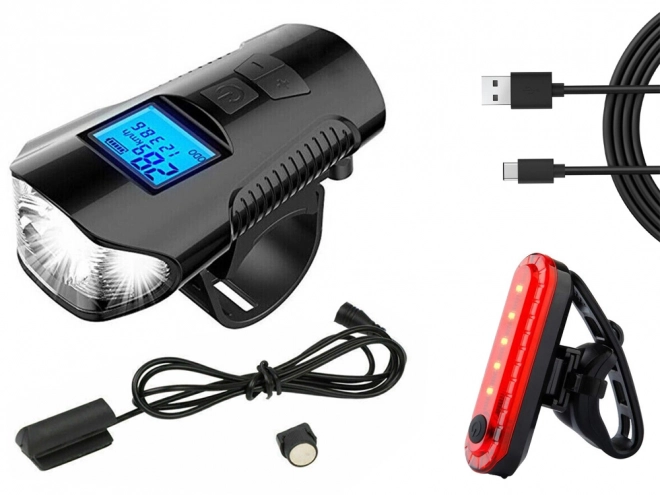 Večnamenska kolesarska luč 3v1 z LED, števcem km in trobljo