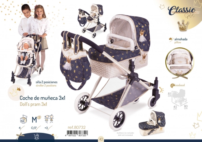 DeCuevas 80732 Voziček za lutke 3 v 1 XL s torbo Classic Gold 2020 - 81 cm