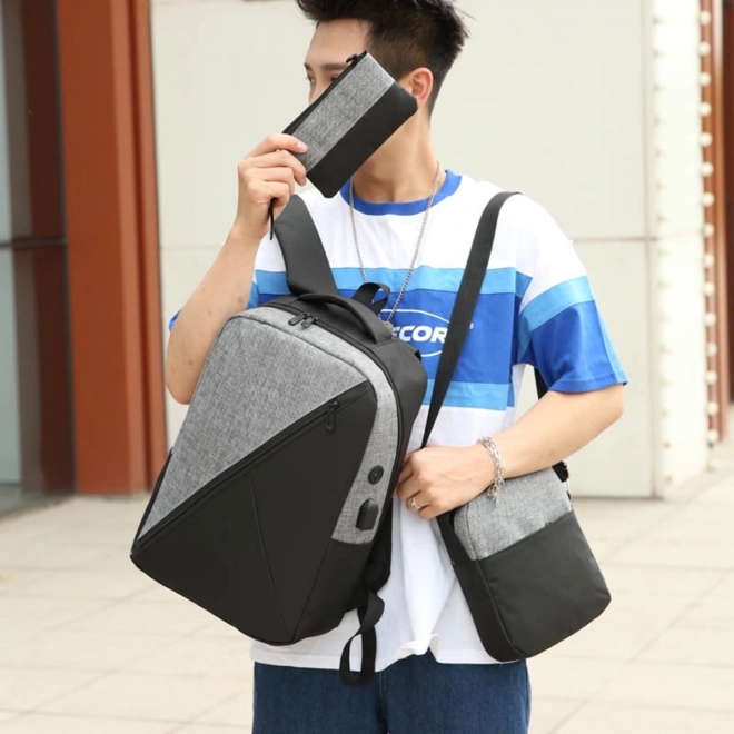 Komplet 3v1 siv nahrbtnik, torba in etui