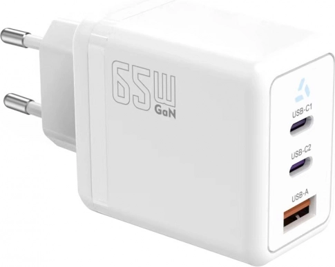 Omrežni polnilnik 2× USB‑C + USB‑A s Power Delivery, bel, GaN 65 W