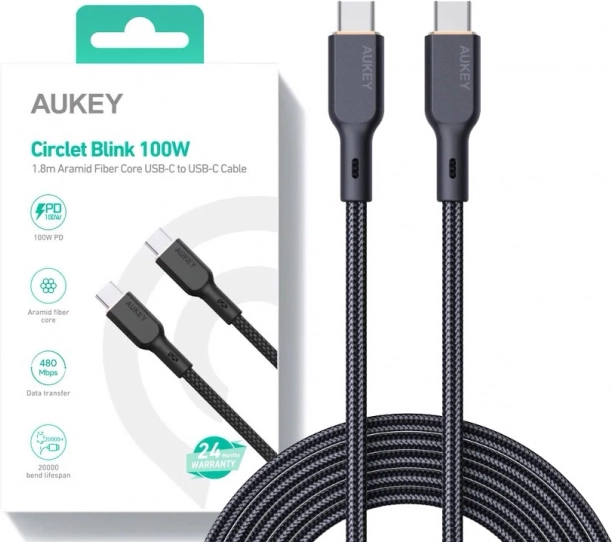 Črn kabel USB‑C na USB‑C 1,8 m z močjo 100 W od Aukey