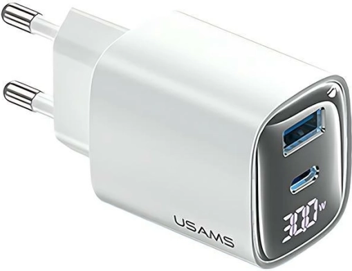 Omrežni polnilec 30 W GaN z LED‑zaslonom USB + USB‑C bel