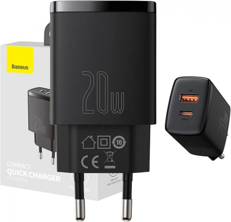 Omrežni hitri polnilec BASEUS 20 W z USB‑C in USB (črna)