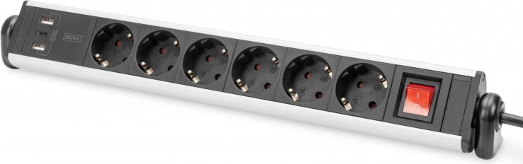 Namizni napajalni trak s 6 vtičnicami, 2x USB‑A in 1x USB‑C, vrtljiv za 180°, aluminijast, s sponami – DIGITUS