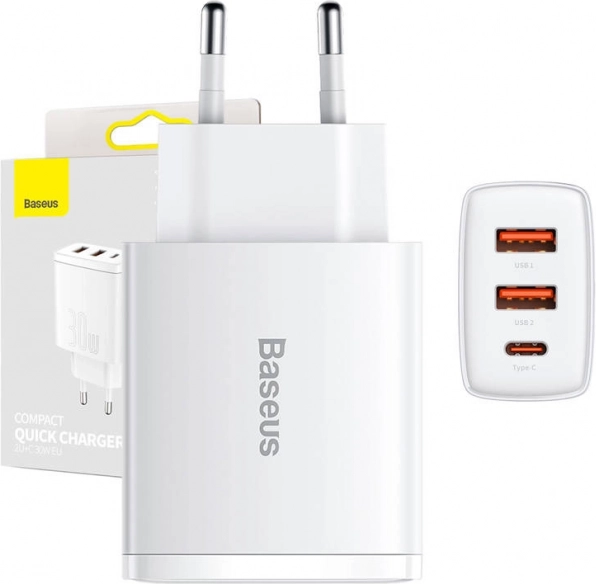 Baseus kompaktni hitri polnilec 30 W z USB‑C in 2× USB
