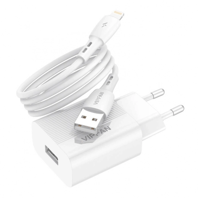 Mrežni polnilec VFAN E01, 1x USB, 2,4A + kabel Lightning (bela)