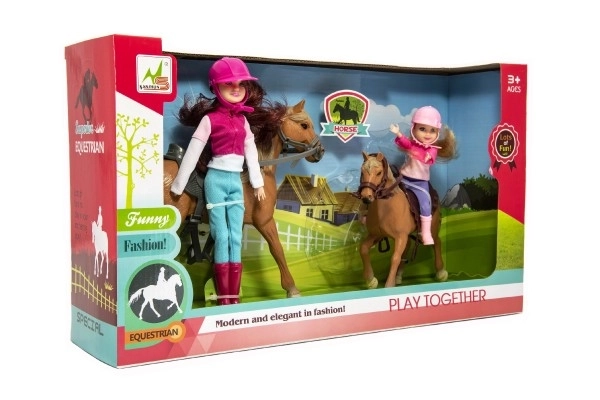 Konj 2 kosa + punčka džokejka 2 kosa plastika v škatli 44x26x12cm