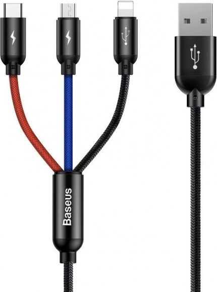 Baseus kabel 3v1 USB-C / Lightning / Micro USB, 3,5 A, 0,3 m, črn