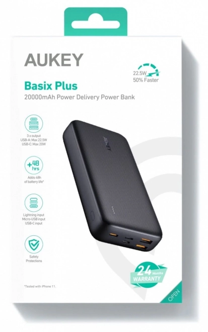 Prenosna baterija Aukey, 20000mAh, hitro polnjenje