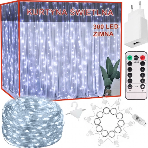 Svetlobna LED zavesa 300 LED, 3 × 2,9 m, hladno bela, daljinsko upravljanje, USB