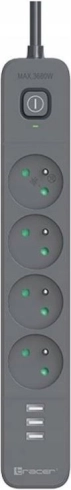 Prenapetostna zaščita TRACER Power Line+ mobile ready 1,5 m (4 vtičnice + 3x USB A, 5V 2,4A)