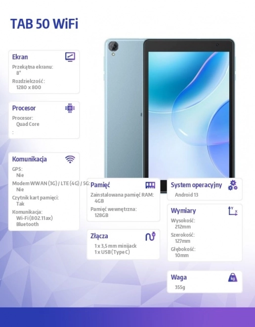 Tablični računalnik TAB 50 Wifi 8 palcev 4/128GB 5580 mAh Moder
