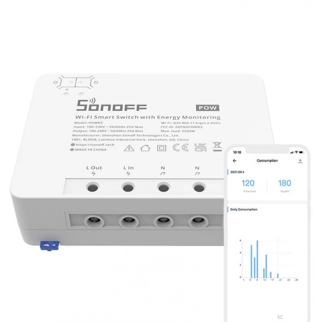 Pametno Wi-Fi stikalo s spremljanjem porabe energije Sonoff POWR3 (25A/5500W)