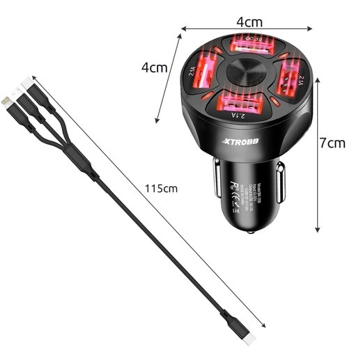 4x USB polnilec za avto + Xtrobb 19907 kabel