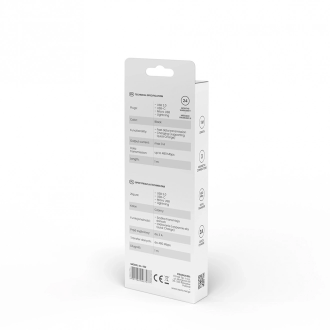 Magnetni USB kabel Savio 3v1 tip C, Micro in Lightning, črn, 1m