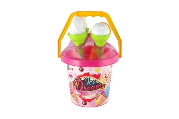 Komplet za pesek plast vedro + modelčki sladoled 2 barvi v mreži 18x28x17cm 12m+
