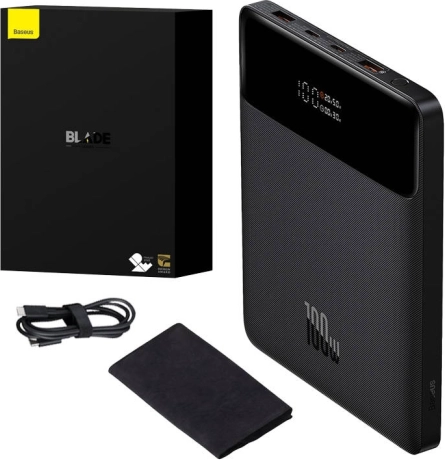 Baseus Blade powerbank 20000 mAh, 100 W, 2× USB‑C + 2× USB‑A, zaslon, črna