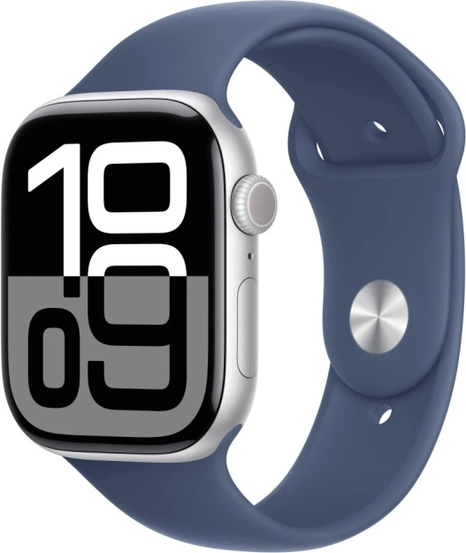 Apple Watch Series 10 GPS, srebrno aluminijasto ohišje 46 mm z denim športnim paščkom S/M