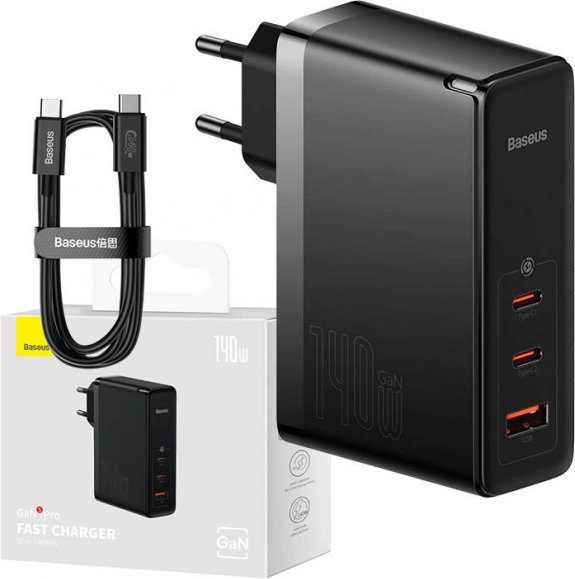 Stenska polnilna naprava Baseus z USB-C in USB vrati, 140 W črna