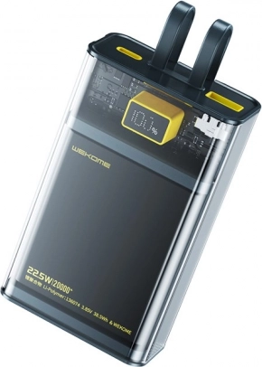Powerbanka WEKOME Vanguard Series 20000 mAh z vgrajenimi kabli USB‑C in Lightning, PD 20 W + QC 22,5 W (črna/prosojna)