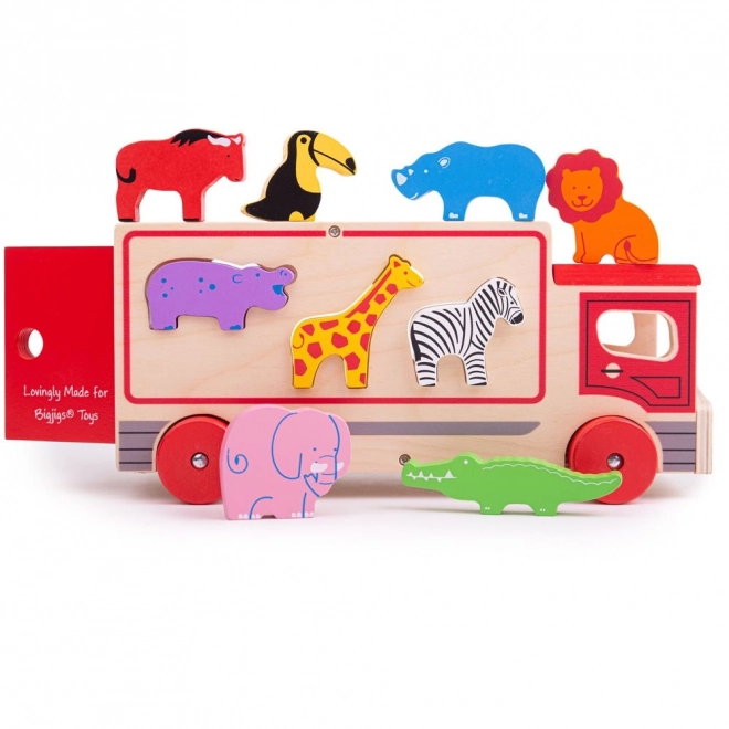 Bigjigs Igrače Leseni avto s safari živalmi