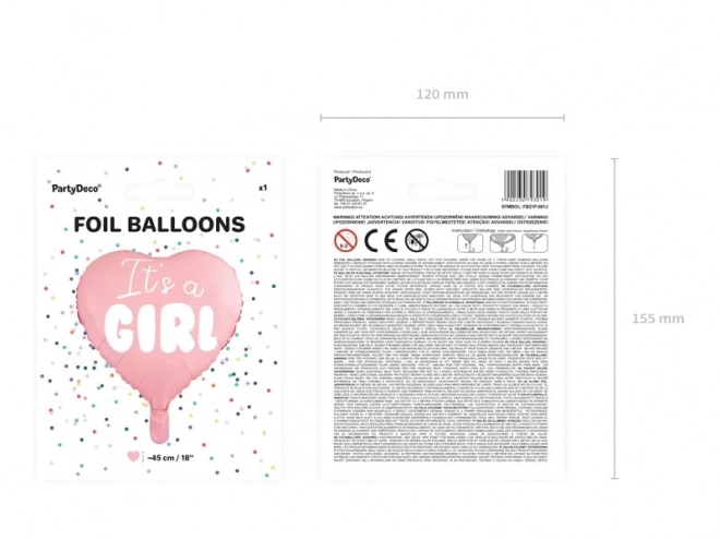 Balon iz folije 'It's a Girl' roza srce 45 cm