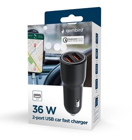 Avtopolnilnik 2xUSB-A QC3.0 36W črna